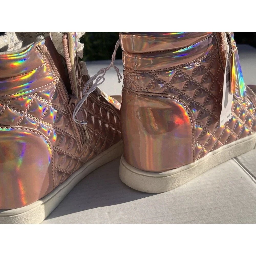 New Justice Rose Gold Holographic Quilted Wedge High Top Sneakers Girls Size 8